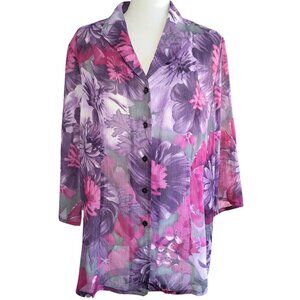 TANJAY Purple & Ruby Red Floral Sheer Button Down Shirt - Women's L